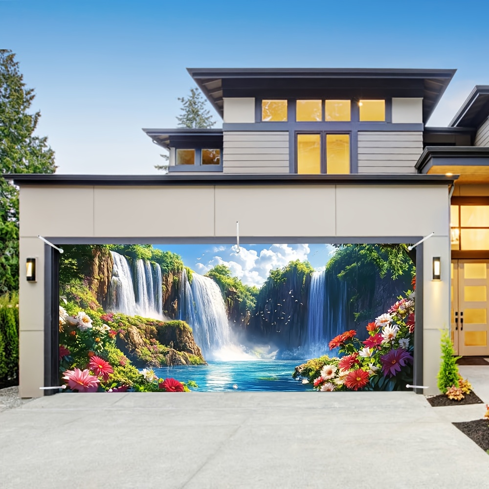 Outdoor Power Garage - Elegante waterval- en bloemengaragedeurbanner - Grote,